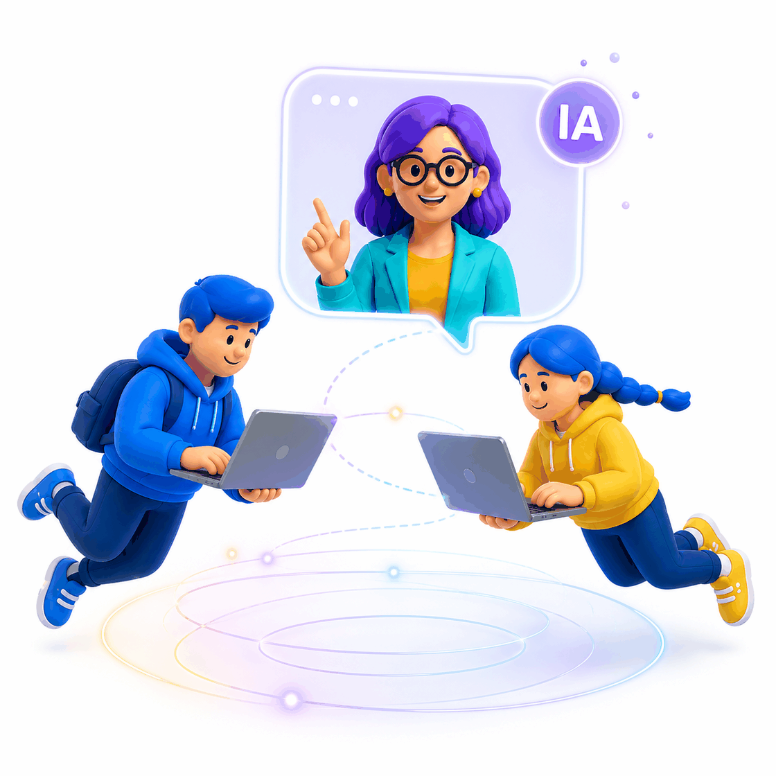Dos estudiantes con computadores portátiles conectados a una asistente pedagógica virtual con Inteligencia Artificial.