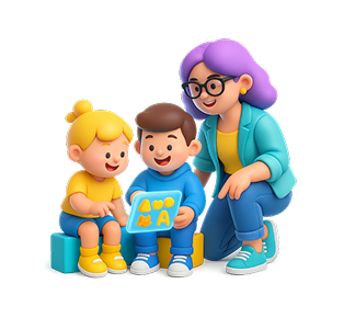 Docente interactuando con niños pequeños durante una actividad educativa.