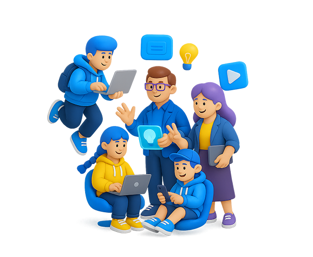 Grupo de docentes usando dispositivos digitales mientras conversan y colaboran en actividades formativas.